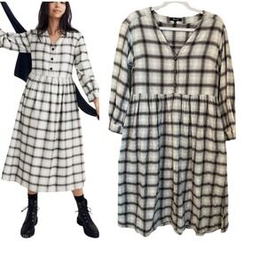 Madewell Flannel Plaid ALine Midi Dress Black Cream Gray Blue Size 4 90s Grunge